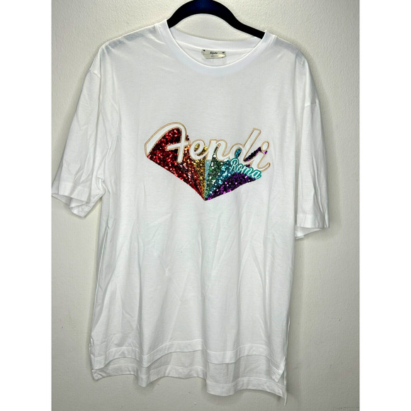 Fendi White Short Sleeve Round Neck Rainbow Sequined Fendi Roma Graphic Tee L - Picture 2 of 14